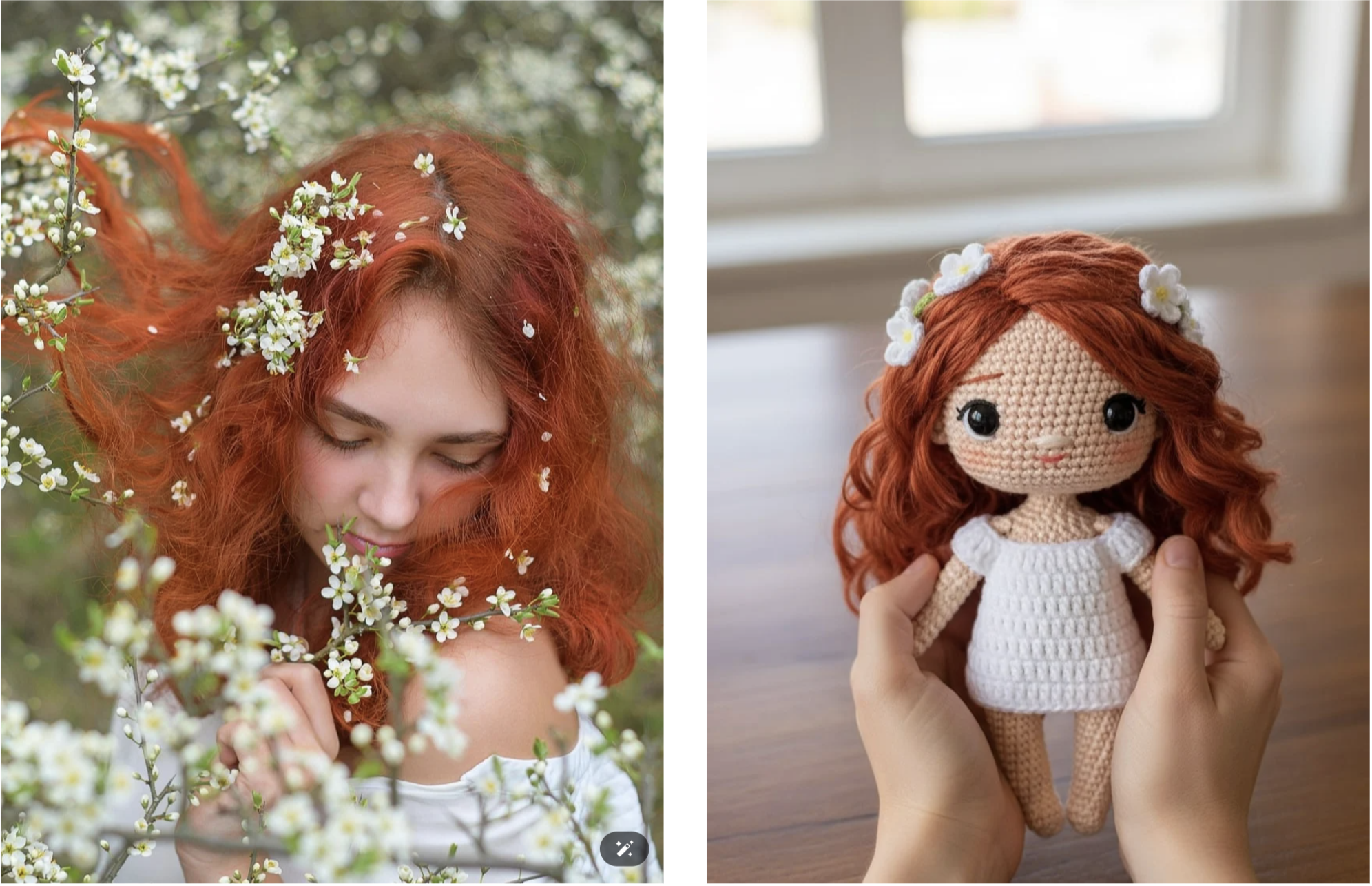 Hand-crocheted yarn doll photography